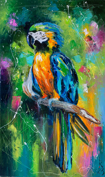 Painting titled "Parrot macaw" by Liubov Kuptsova, Original Artwork, Oil Mounted on Wood Stretcher frame