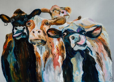 Painting titled "Cows' party" by Liubov Kuptsova, Original Artwork, Oil Mounted on Wood Stretcher frame
