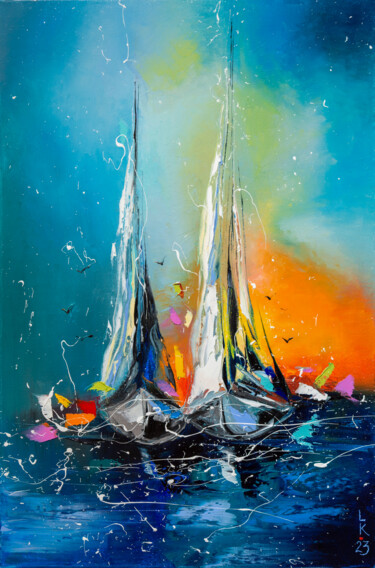 Картина под названием "Boats in the sunset…" - Liubov Kuptsova, Подлинное произведение искусства, Масло Установлен на Деревя…