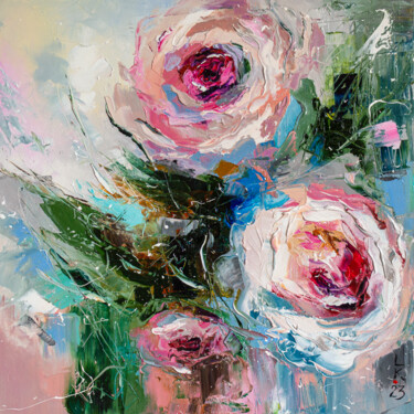 Painting titled "Gentle roses 2" by Liubov Kuptsova, Original Artwork, Oil Mounted on Wood Stretcher frame