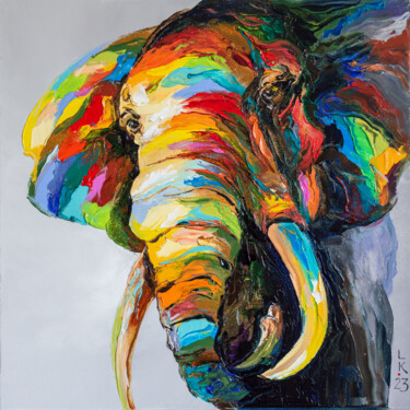 Painting titled "Elephant look" by Liubov Kuptsova, Original Artwork, Oil Mounted on Wood Stretcher frame