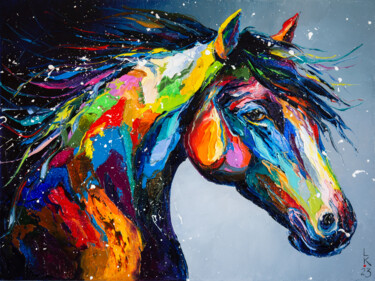 Painting titled "Colorful horse" by Liubov Kuptsova, Original Artwork, Oil Mounted on Wood Stretcher frame