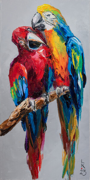 Painting titled "Parrots in love" by Liubov Kuptsova, Original Artwork, Oil