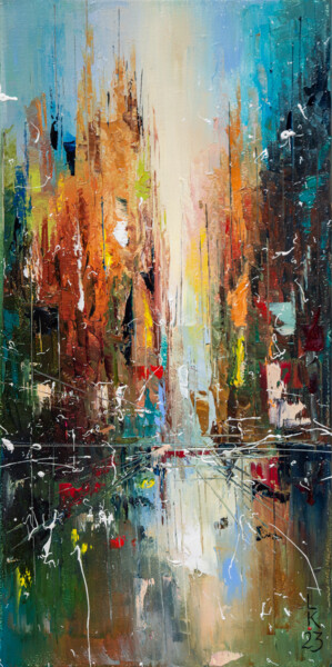 Painting titled "NY street" by Liubov Kuptsova, Original Artwork, Oil Mounted on Wood Stretcher frame