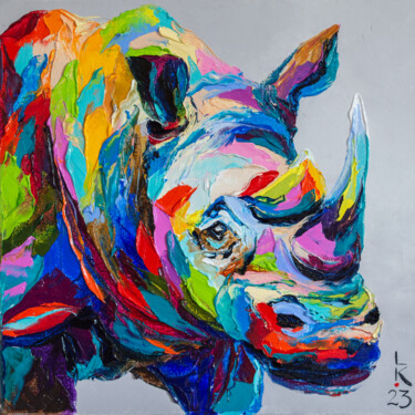 Malerei mit dem Titel "Colored Rhinoceros" von Liubov Kuptsova, Original-Kunstwerk, Öl Auf Keilrahmen aus Holz montiert