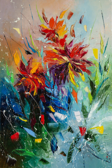 Картина под названием "Red flowers" - Liubov Kuptsova, Подлинное произведение искусства, Масло Установлен на Деревянная рама…