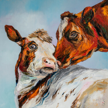 Painting titled "Cow's tenderness" by Liubov Kuptsova, Original Artwork, Oil Mounted on Wood Stretcher frame