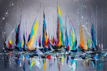 Painting titled "Colorful yachts" by Liubov Kuptsova, Original Artwork, Oil Mounted on Wood Stretcher frame