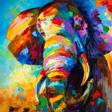 Painting titled "Young elephant" by Liubov Kuptsova, Original Artwork, Oil Mounted on Wood Stretcher frame