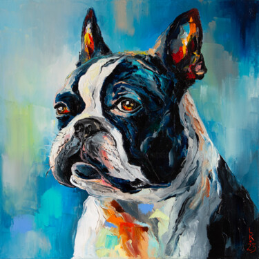 Painting titled "Boston Terrier" by Liubov Kuptsova, Original Artwork, Oil Mounted on Wood Stretcher frame