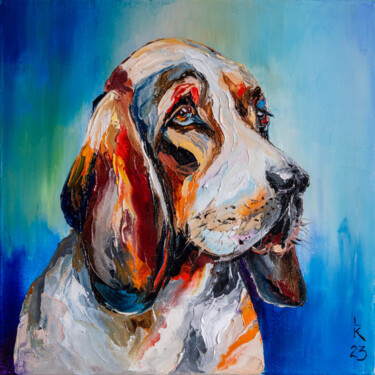 Painting titled "Sad Beagle" by Liubov Kuptsova, Original Artwork, Oil Mounted on Wood Stretcher frame