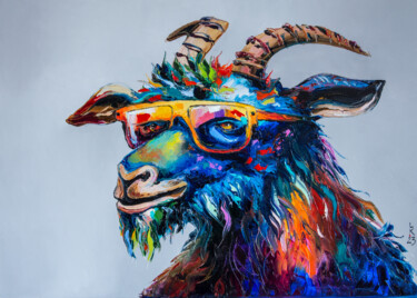 Painting titled "Goat in sunglasses" by Liubov Kuptsova, Original Artwork, Oil Mounted on Wood Stretcher frame