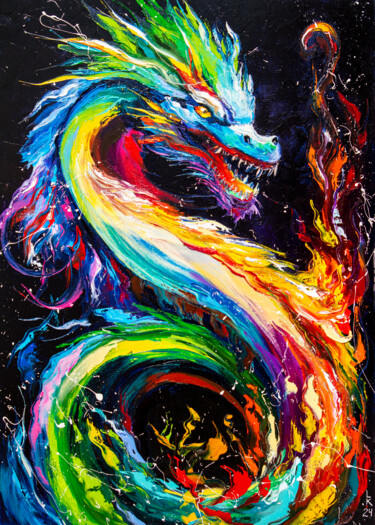 Painting titled "Fire dragon" by Liubov Kuptsova, Original Artwork, Oil Mounted on Wood Stretcher frame