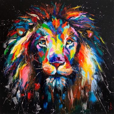 Malarstwo zatytułowany „Colorful Lion Majes…” autorstwa Liubov Kuptsova, Oryginalna praca, Olej Zamontowany na Drewniana ram…