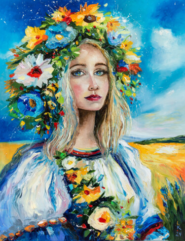 Painting titled "Ukrainian woman" by Liubov Kuptsova, Original Artwork, Oil Mounted on Wood Stretcher frame