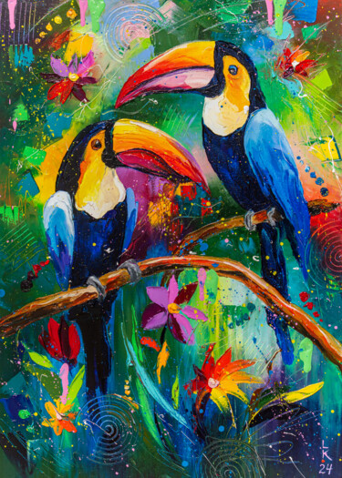 Painting titled "Happy toucans" by Liubov Kuptsova, Original Artwork, Oil Mounted on Wood Stretcher frame
