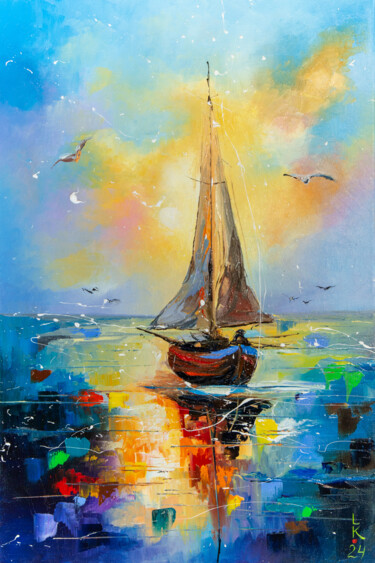 Painting titled "Enjoy sailing" by Liubov Kuptsova, Original Artwork, Oil Mounted on Wood Stretcher frame