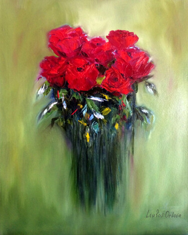 Картина под названием "Букет алых роз" - Liubov Orlova, Подлинное произведение искусства, Масло