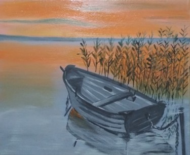 Painting titled "Boat and reeds" by Liudmila Malliaras, Original Artwork, Acrylic
