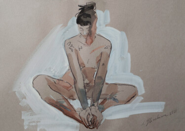 Drawing titled "Nude in a yoga pose" by Liudmila Iliuchina, Original Artwork, Ink