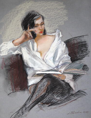 Рисунок под названием "woman with phone" - Liudmila Iliuchina, Подлинное произведение искусства, Пастель