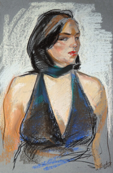 Drawing titled "Blue dress" by Liudmila Iliuchina, Original Artwork, Pastel