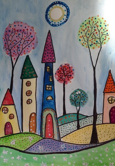 Картина под названием "сказочный городок" - Liudmila Korzh, Подлинное произведение искусства, Акварель