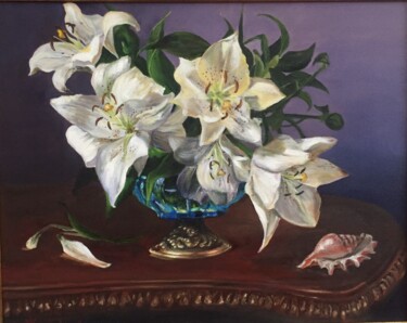 Painting titled "Lily bouquet" by Liudmila Kurilovich, Original Artwork, Oil Mounted on Wood Stretcher frame