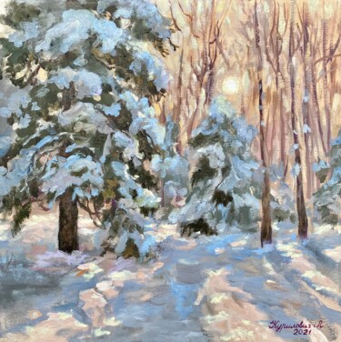 Картина под названием "Winter in the forest" - Liudmila Kurilovich, Подлинное произведение искусства, Масло Установлен на Де…