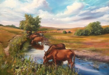 Painting titled "At the watering hole" by Liudmila Kurilovich, Original Artwork, Oil Mounted on Wood Stretcher frame