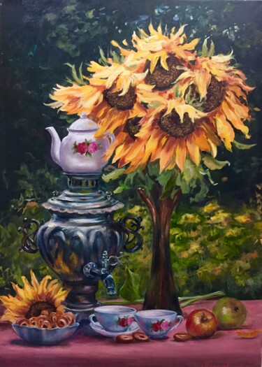 Картина под названием "Приглашаю на чай" - Liudmila Kurilovich, Подлинное произведение искусства, Масло Установлен на Деревя…