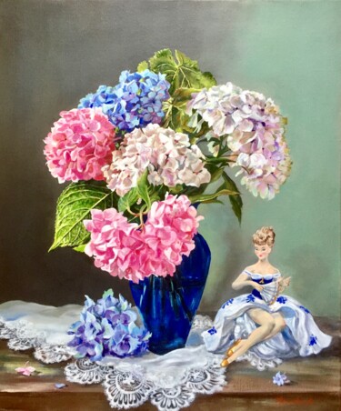 Painting titled "Hydrangea" by Liudmila Kurilovich, Original Artwork, Oil Mounted on Wood Stretcher frame
