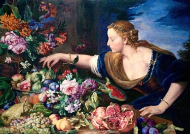 Painting titled "Girl with fruits" by Liudmila Kurilovich, Original Artwork, Oil