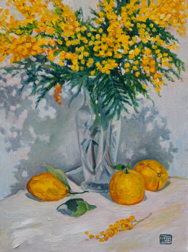 Painting titled "Mimosa And Lemons" by Liudmila Pisliakova, Original Artwork, Oil Mounted on Wood Stretcher frame