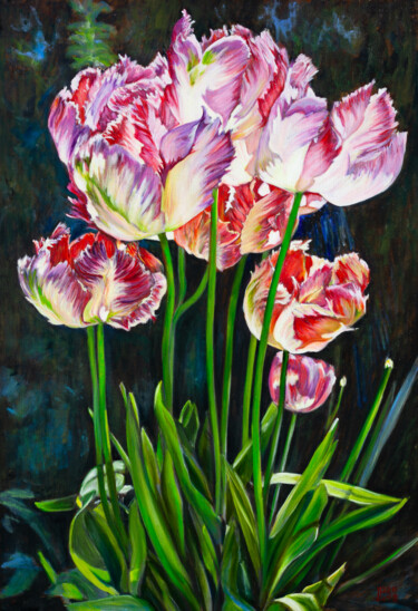 Painting titled "Tulips In The Sunli…" by Liudmila Pisliakova, Original Artwork, Oil Mounted on Wood Stretcher frame