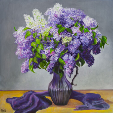 Painting titled "Lilac" by Liudmila Pisliakova, Original Artwork, Oil Mounted on Wood Stretcher frame