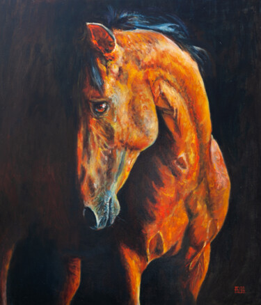 Painting titled "Fire Horse" by Liudmila Pisliakova, Original Artwork, Oil Mounted on Wood Stretcher frame