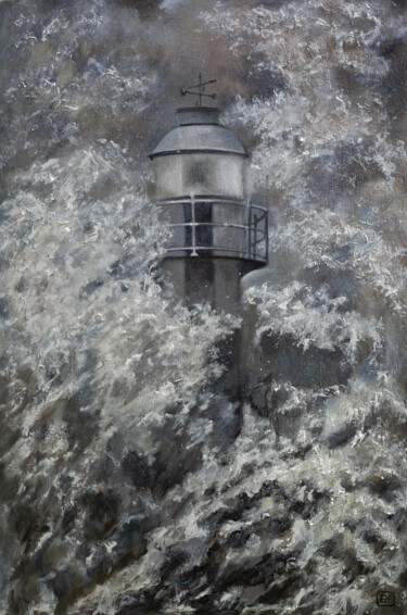 Painting titled "Lighthouse" by Liudmila Pisliakova, Original Artwork, Oil Mounted on Wood Stretcher frame