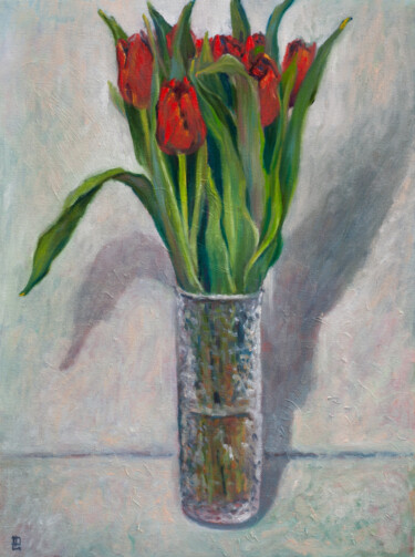 Painting titled "Tulips" by Liudmila Pisliakova, Original Artwork, Oil Mounted on Wood Stretcher frame