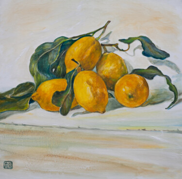 Painting titled "Lemons" by Liudmila Pisliakova, Original Artwork, Oil Mounted on Wood Stretcher frame