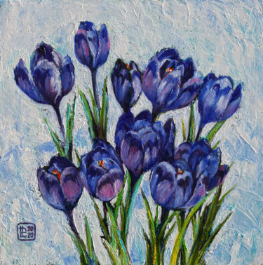 Painting titled "Crocuses" by Liudmila Pisliakova, Original Artwork, Oil Mounted on Wood Stretcher frame