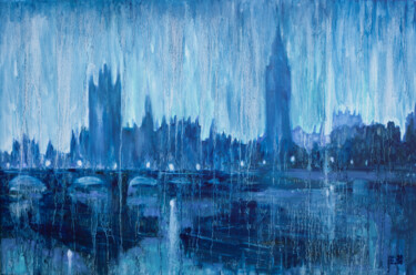 绘画 标题为“Rainy Blues in Lond…” 由Liudmila Pisliakova, 原创艺术品, 油 安装在木质担架架上