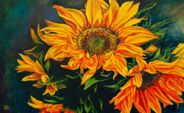 Painting titled "Sunflowers II" by Liudmila Pisliakova, Original Artwork, Oil Mounted on Wood Stretcher frame