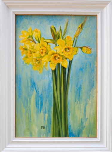Painting titled "Daffodils" by Liudmila Pisliakova, Original Artwork, Oil Mounted on Wood Stretcher frame