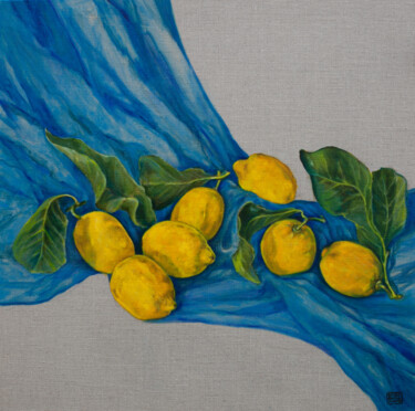 Painting titled "Seven Lemons" by Liudmila Pisliakova, Original Artwork, Oil Mounted on Wood Stretcher frame