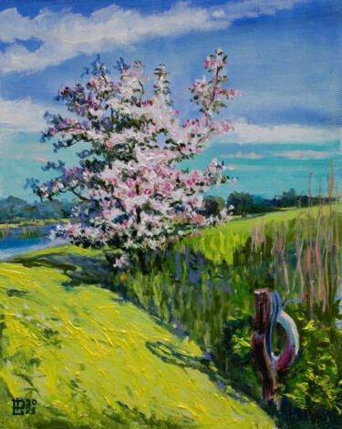Peinture intitulée "Blooming Tree in Ki…" par Liudmila Pisliakova, Œuvre d'art originale, Huile Monté sur Panneau de bois