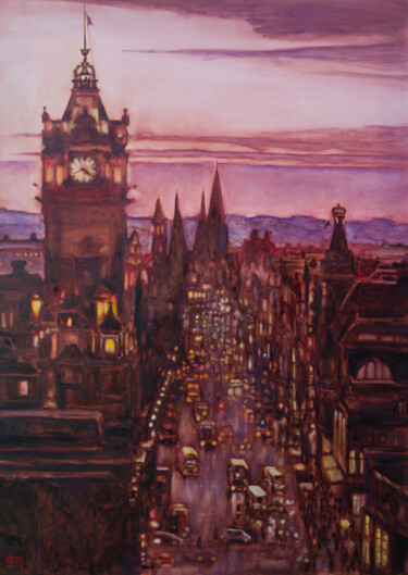 Painting titled "Lights Of The Old E…" by Liudmila Pisliakova, Original Artwork, Oil Mounted on Wood Stretcher frame