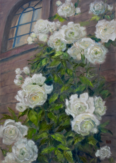 Pintura titulada "White Night Roses" por Liudmila Pisliakova, Obra de arte original, Oleo Montado en Bastidor de camilla de…