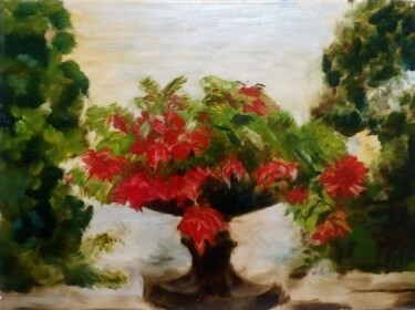 Painting titled "vase with red flowe…" by Liudmila Rabinovich, Original Artwork, Oil