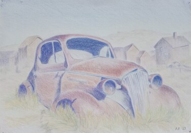 Рисунок под названием "landscape #old auto" - Liudmila Rabinovich, Подлинное произведение искусства, Цветные карандаши